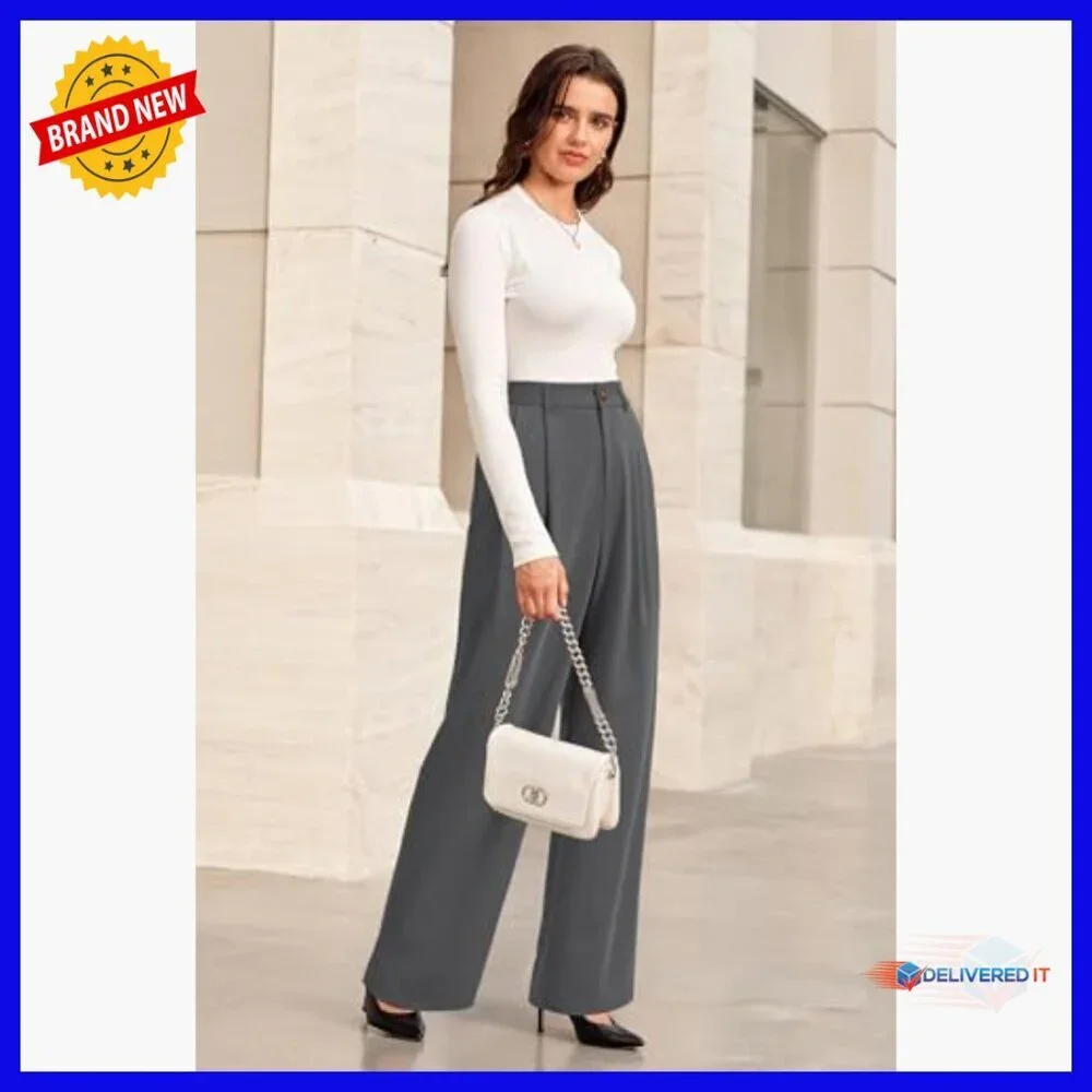 Lightweight Wool Blend Straight Leg Pants Elastic Waist Business Casual